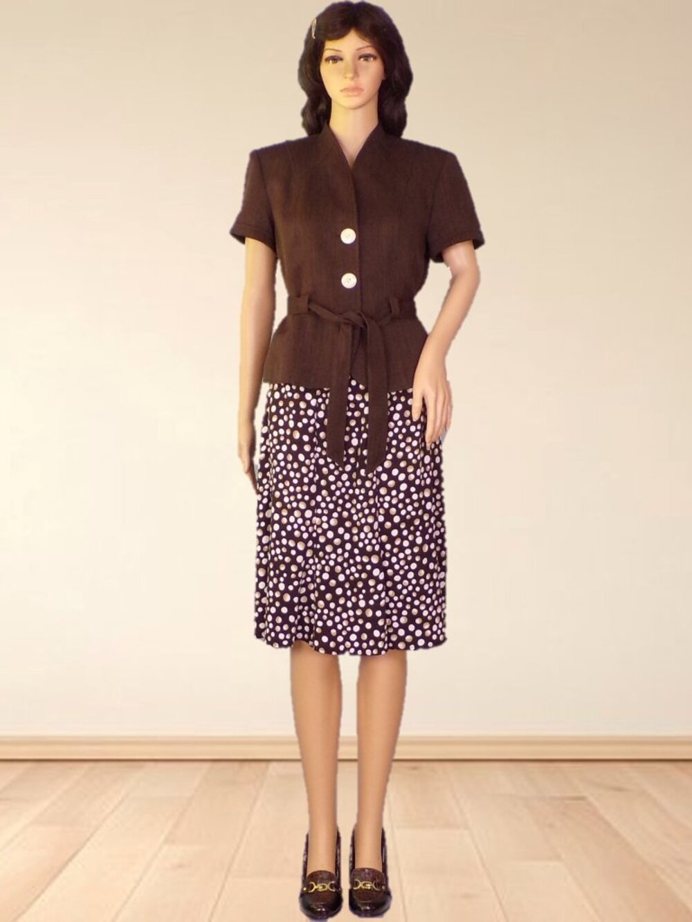 STUDIO I PETITE size 8P brown/beige/white 2-piece set jacket/skirt 100% polyestr